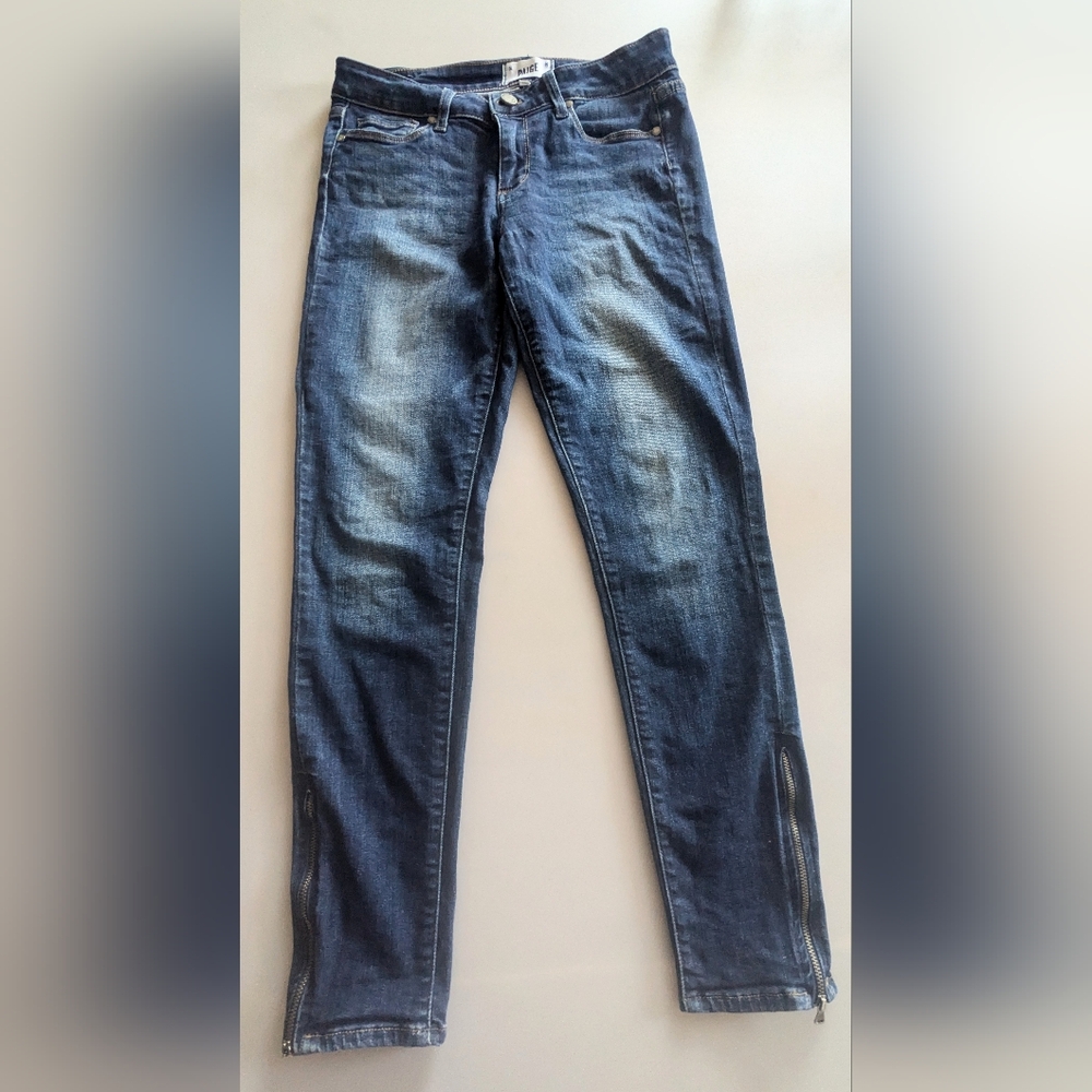 Designer PAIGE Dark Wash Verdugo Ankle Skinny Jeans W/Zippered Side Ankles Sz 28